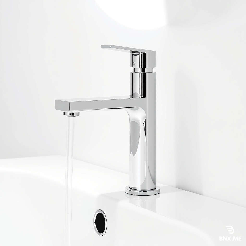 Chrome piano key basin mixer tap, minimalist design, single hole installation, pure white background, studio lighting, no text or logos, modern bathroom fixture, clean composition, 8k resolution --ar 3:4