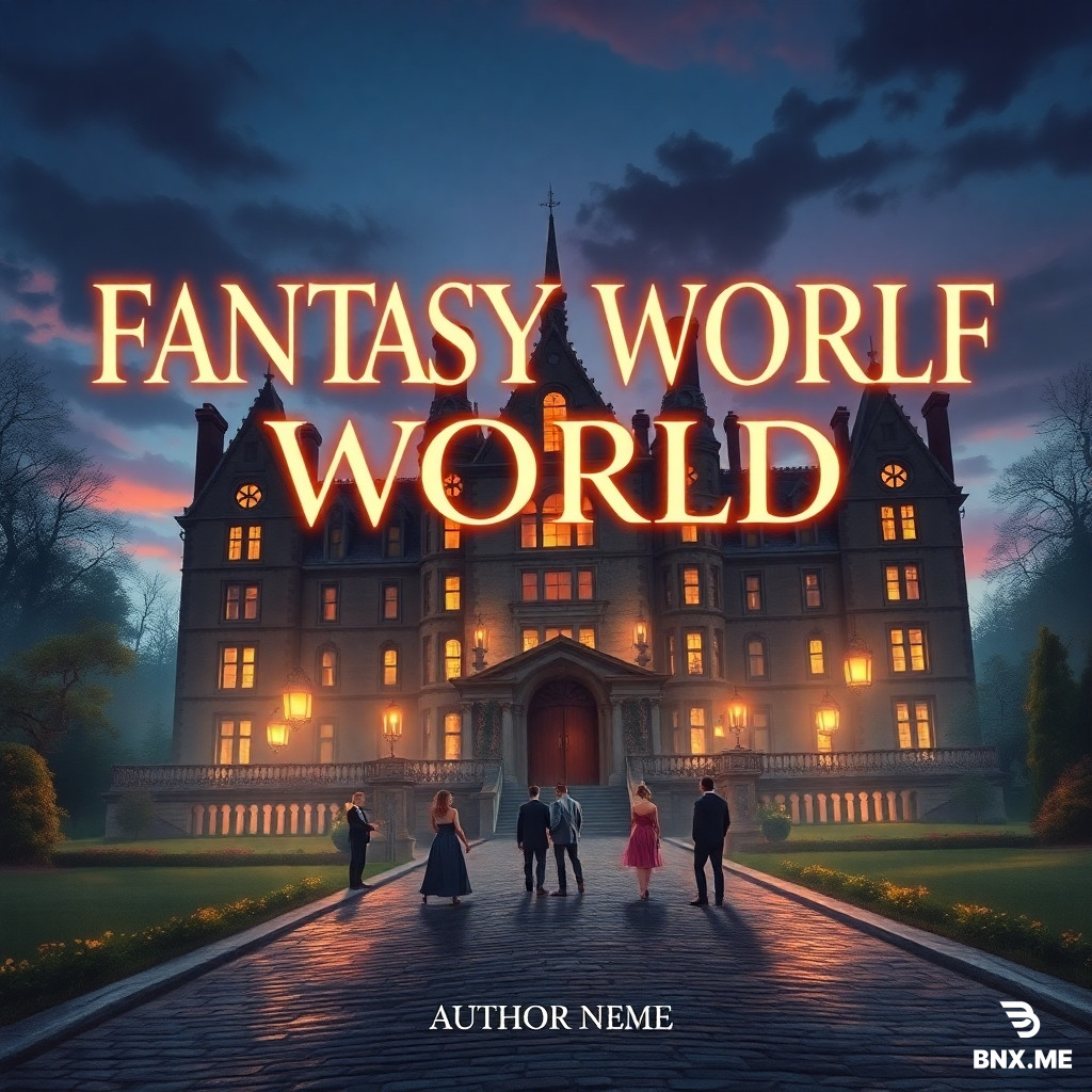 Fantasy book cover design. A massive, ancient mansion looms in the background, slightly blurred, with glowing windows and tall spires reaching into a twilight sky. In the foreground, a small group of elegantly dressed people gathers on a cobblestone path before the entrance — guests arriving at a mysterious dusk party. Floating lanterns drift upward. The scene is cinematic and dreamlike, painted in soft fantasy art style with deep blues, purples, and warm golden lights. At the top, large elegant glowing letters spell "FANTASY WORLD." Space is left at the bottom for an author name. Vertical orientation, rich textures, magical atmosphere, high detail.