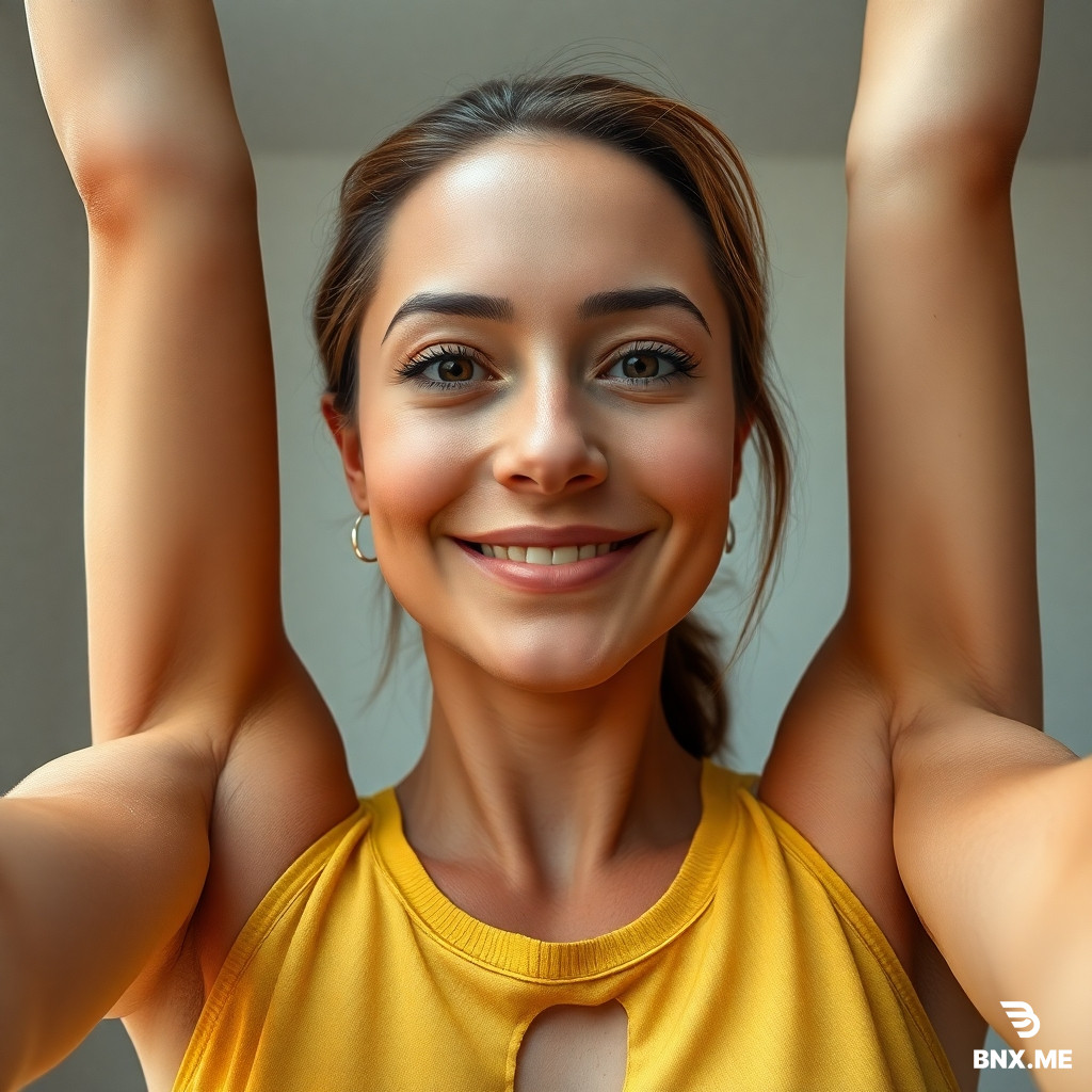 Create a realistic, high-resolution selfie with both arms raised above the head, exposing both underarms in a natural and relaxed pose. Maintain accurate human anatomy, correct shoulder width, arm length, neck proportions, and body scale. The expression should be a gentle, confident smile while looking directly at the camera. The subject should wear a sleeveless casual yellow patterned top similar in style to the reference. Keep the lighting soft and natural with realistic skin texture, subtle perspiration on the face and neck, and authentic details. Ensure the hair, hands, fingers, and clothing folds are accurately rendered. Frame the image from approximately the waist or upper torso upward, with the entire head, both raised arms, shoulders, chest, and underarms visible. Preserve the person's identity faithfully while matching the composition and camera angle of the reference image. The final result should be photorealistic, highly detailed, anatomically correct, and free from distortions, extra limbs, deformed hands, or unrealistic facial features.