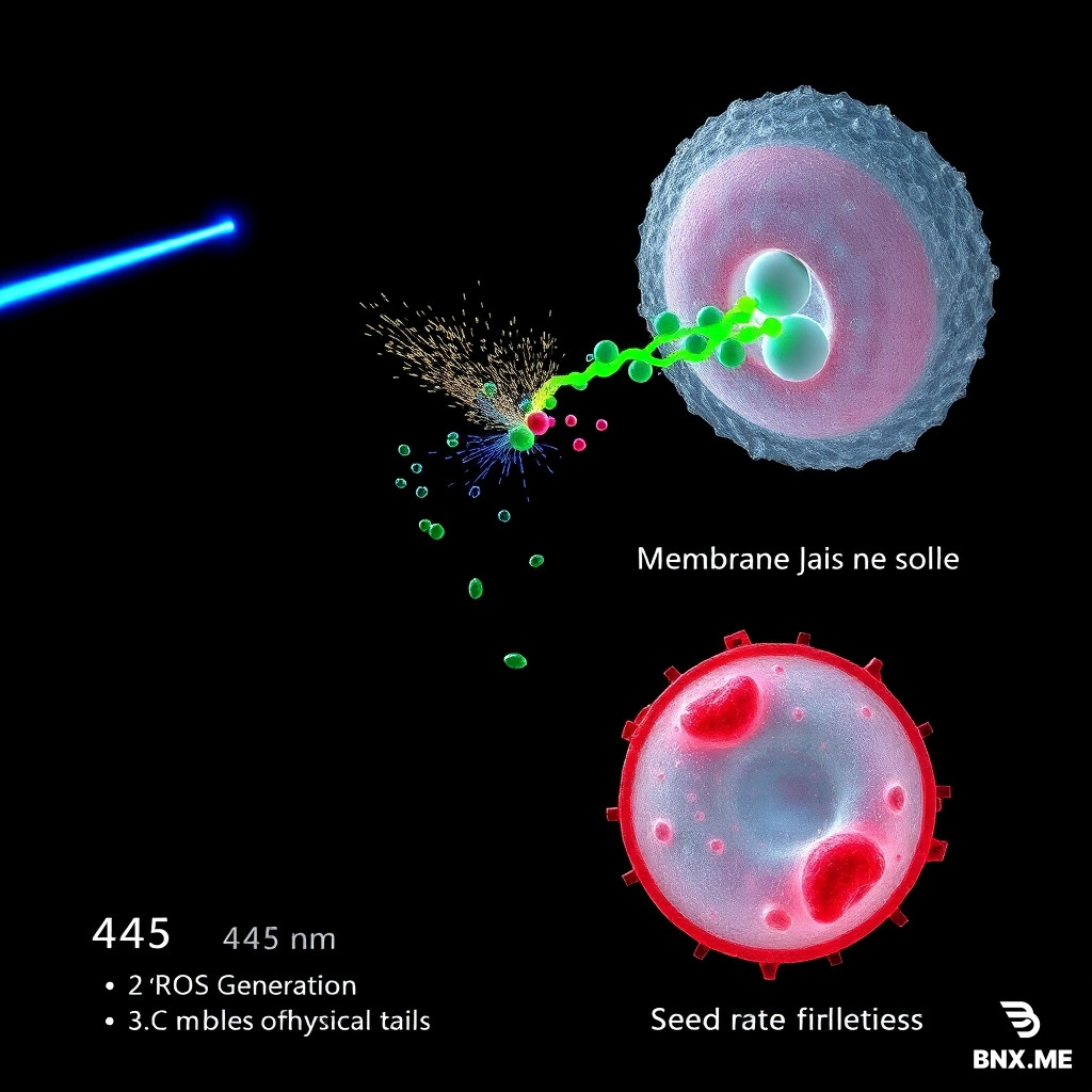 Scientific Cover Prompt: "High-end cinematic scientific illustration (8k, Octane render). Dark background. Left: 445 nm blue laser hits 3D Decyl-Riboflavin in a lipid bilayer. Center: Membrane shows 'ROS' sparks (1O2) causing textural fraying of lipid tails. Leakage: A fluid stream of neon green liquid droplets (CF dye) escaping through physical cracks—strictly no smoke. Right: A separate HeLa cell showing membrane blebbing and structural lysis as a result of the oxidation. Text (English): '445 nm', 'ROS Generation', 'Membrane Damage', 'Cell Death'."