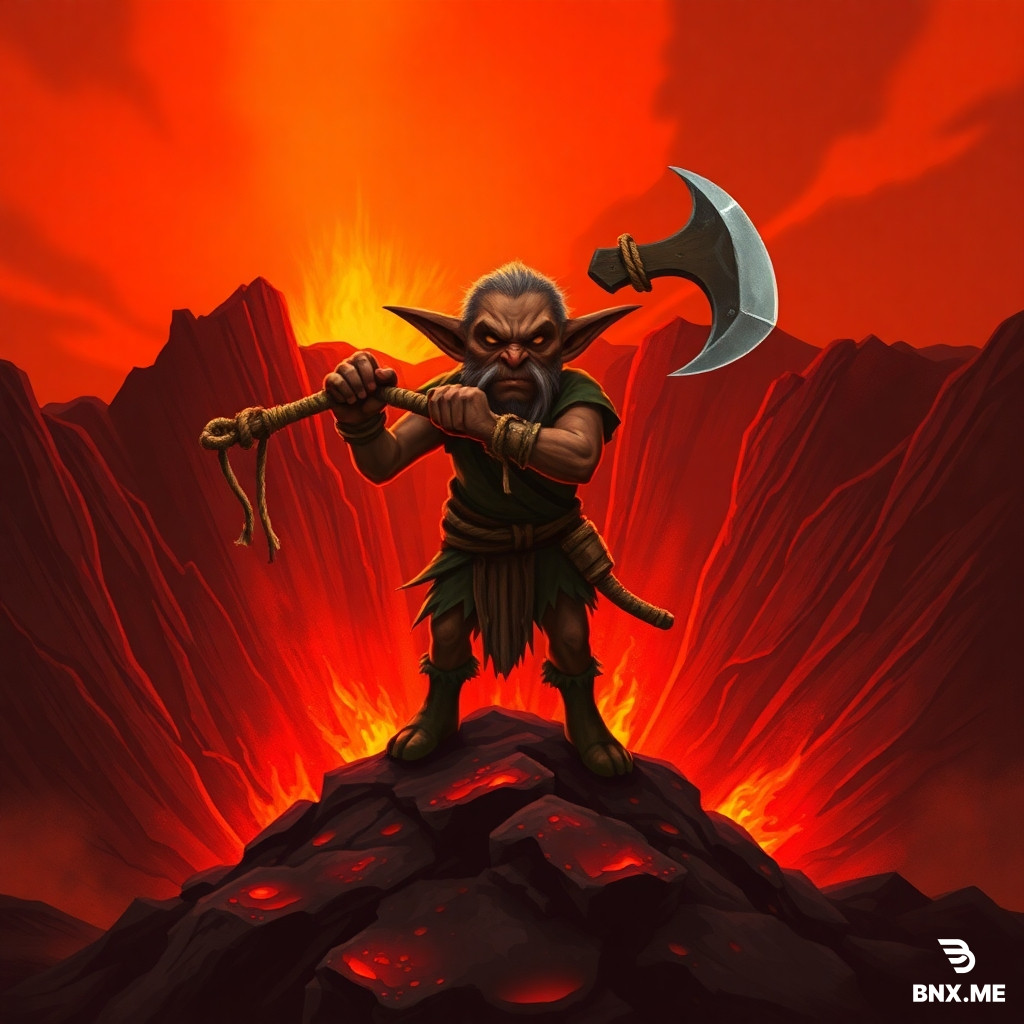 Generate an image for me in the style of Magic: The Gathering. The card features a goblin standing at a volcano’s crater, wielding an axe with a blade tied to a wooden stick using straw rope, posed to swing the axe downward. Below the crater lies solidified magma. The entire card uses a red‑toned art style, complete with a card border. The aspect ratio (height to width) of the full card is 25:19. Deliver highly detailed artwork with a straight‑on front perspective.