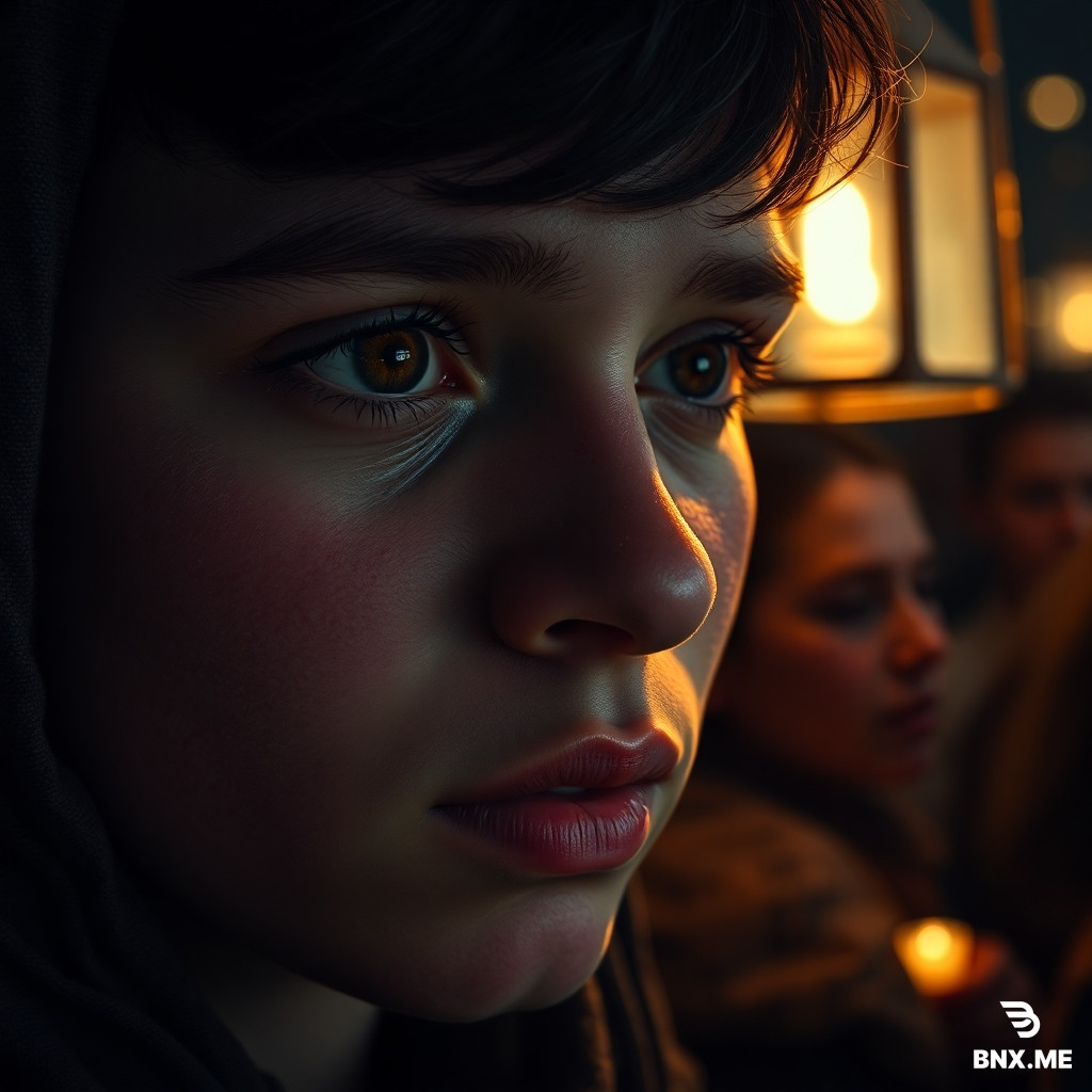Close-up of a young pilgrim's face, tearful eyes reflecting the illuminated shrine, sweat and dust on skin, lips moving in prayer, lantern light glowing on his face, blurred crowd behind him, emotional depth, strong contrast, warm candlelight colors, photorealistic, intimate portrait, cinematic --ar 3:4