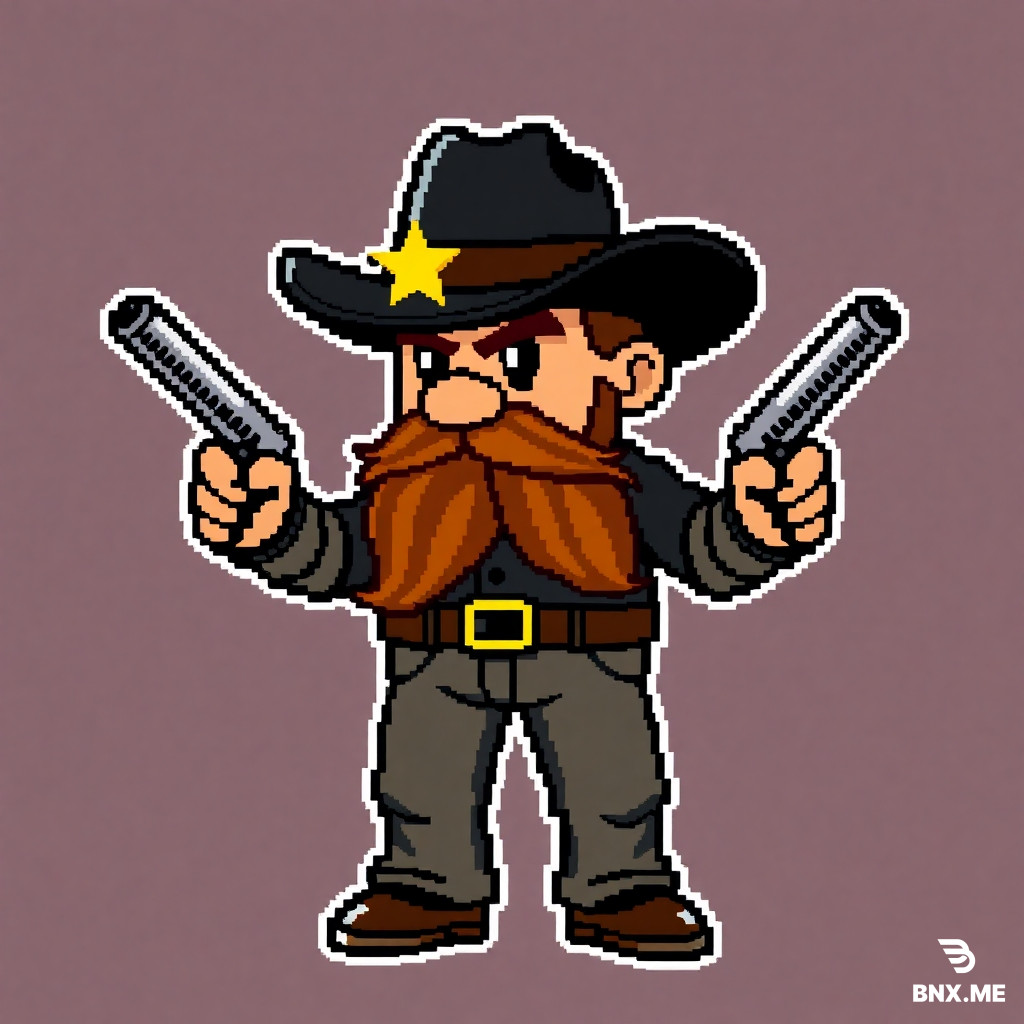 "Authentic 8-bit NES pixel art, extremely low resolution, sprites must be built on a 16x16 or 24x24 pixel grid, chunky visible square pixels, flat shading, no anti-aliasing, no smooth gradients, no blur, strictly limited color palette (max 3 to 4 colors per sprite including outline), retro 1980s arcade aesthetic, transparent background for sprites, 2D side-view, blocky and simplistic geometry, NES hardware limitations style."*Sheriff Clayton (Final Boss): *"8-bit NES pixel art boss sprite, 24x24 pixels. Black cowboy hat, gold star badge (single yellow pixel), long brown mustache, dual-wielding two silver revolvers. Palette: black, brown, yellow, silver. Transparent. Standing pose. Very pixelated, recognizable by the star and hat shape."*