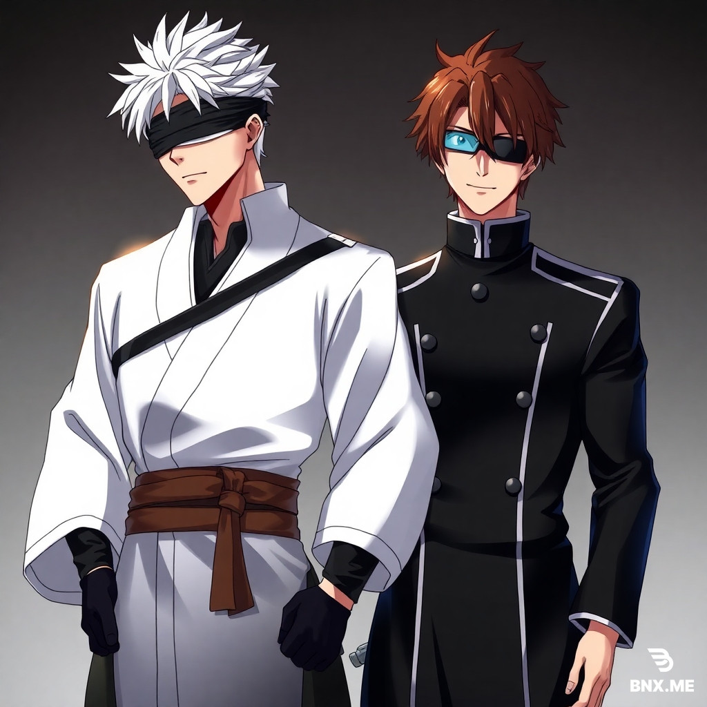 Satoru Gojo from Jujutsu Kaisen wearing Aizen Sosuke's white captain haori and black uniform from Bleach, with Aizen's brown sash and gloves, Gojo's white hair and blindfold not removed, hiding his six eyes, standing confidently, anime style, detailed clothing swap, dynamic pose, high quality, full body, vibrant colors, manga aesthetic, epic atmosphere. Aizen Sosuke from Bleach wearing Satoru Gojo's black high-collared uniform and blindfold, with Aizen's brown hair styled like himself smirking confidently, anime art style, outfit swap, detailed shading, full body portrait, cinematic lighting, 4k quality, fan art style.Satoru Gojo and Aizen Sosuke standing next to next, Gojo wearing Aizen's white captain coat, Aizen wearing Gojo's black blindfold uniform, both anime characters, outfit exchange, epic battle-freindly pose, vibrant anime colors, aizen's glasses on his eyes with his brown hairs