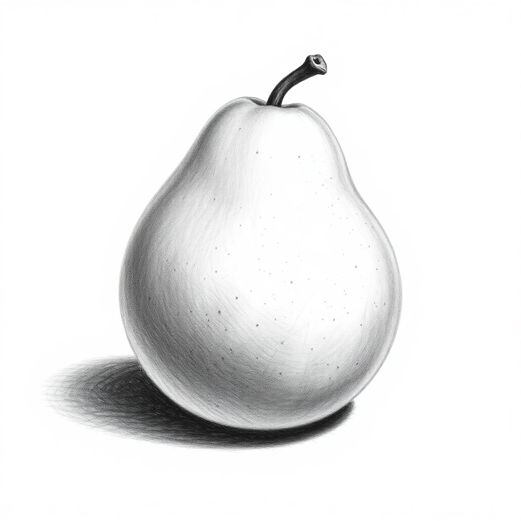 A black-and-white pencil drawing of a single pear, ultra-detailed graphite sketch, strong B6 pencil shading, dark soft shadow beneath the pear, plain white background, high contrast, realistic texture, monochrome, no color, traditional art style
