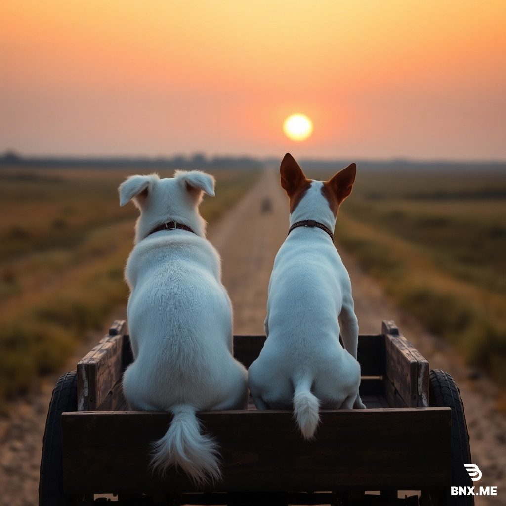 Photorealistic rear view of white Maltese and white Jack Russell with brown ears sitting on wooden cart moving away down dirt road toward sunset, 1880s rural Minnesota prairie. Golden light. No humans, realistic dogs.