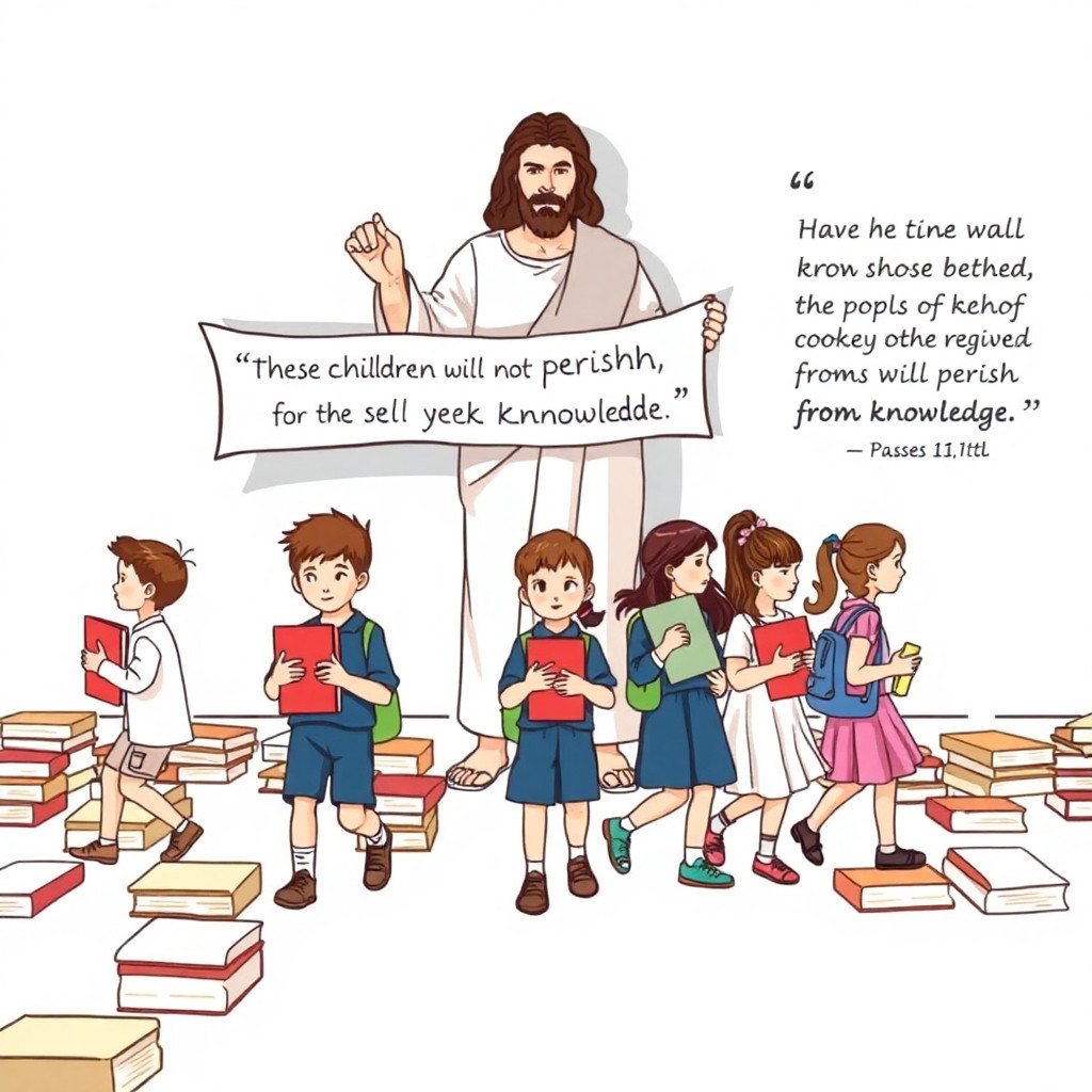 Create images of boys and girls of various ages from 4-16 carrying books  on a path of books with Christ holding a banner behind the students shadowed at 10% on the wall behind the students stretching from the book path to the ceiling the banner that Christ figure is holding is to read “ these children will not perish for they seek knowledge” in right hand corner of the wall should be the passge from the bible that states “ My people will perish from lack of knowledge. The Chriist figure should be place behine the children standing from top of book path to ceiling. The drawing should be scaled to 4.5” x 17” long and should be produced in a vector file for scaling. the children should be dressed in Royal Palm Academy uniforms.
