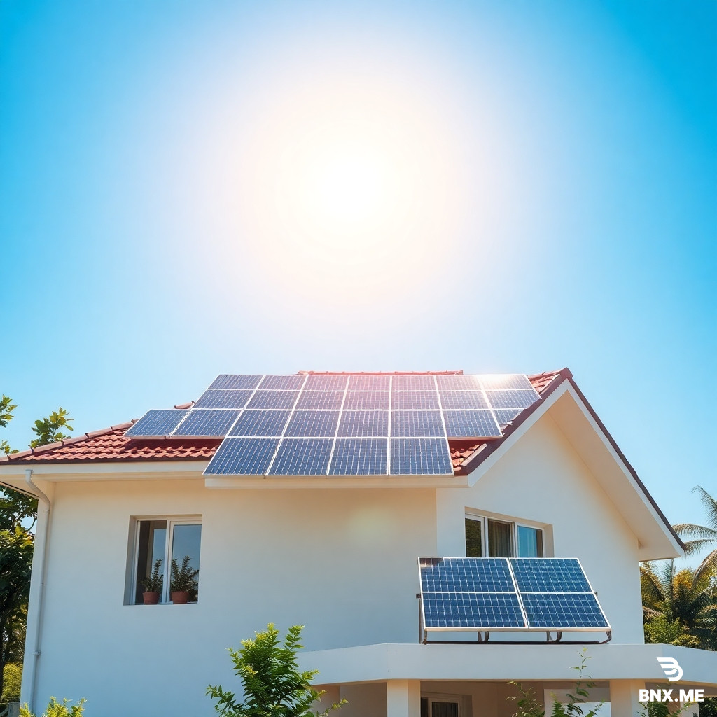 A bright, sunlit modern home in Hyderabad, India, with high-efficiency solar panels prominently covering the rooftop. The sun is positioned in the upper corner, casting warm golden rays directly onto the panels. A subtle glow or clean energy symbol (like a small sunburst or green leaf energy wave) near the panels reinforces renewable energy. The home looks eco-friendly and well-maintained, with a clear blue sky and soft green surroundings. No technicians in foreground — focus is entirely on the house, solar panels, and sunlight. Ultra-realistic, cinematic, clean, inspiring, wide angle (16:9). No text, no logos