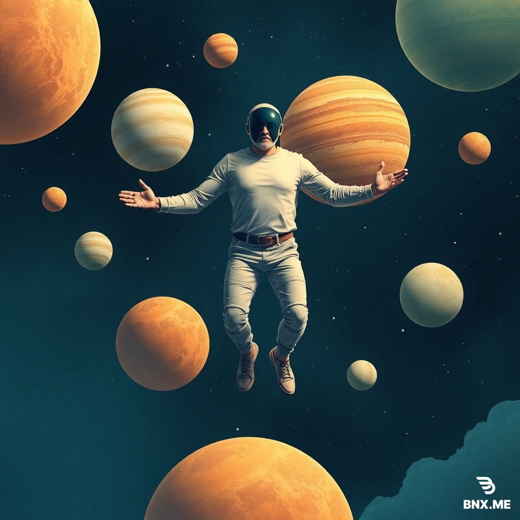Create an abstract image of a 4-legged, 3-armed man in space walking between planets.