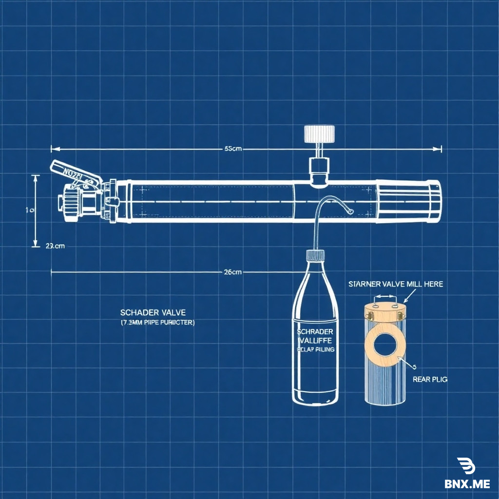 Technical blueprint drawing of a homemade water blaster toy. White lines on dark blue grid background. Side view with all dimensions clearly labeled in centimeters and millimeters.  Two galvanized steel pipes: main pipe exactly 25cm long with 27mm diameter, smaller stock pipe 17.3cm long with 27mm diameter, zip-tied underneath with 4 black zip-ties.  Front of main pipe: brass ball valve with lever handle. Plastic bottle cap nozzle attached to valve outlet with precisely drilled 2.6mm hole. Label: "NOZZLE 2.6mm".  Rear of main pipe: Schrader valve (bicycle tire valve) protruding from rear wooden plug. Label: "SCHRADER VALVE - PUMP HERE".  Clear aquarium hose (6mm inner diameter) runs from rear plug down to 2-liter cola bottle. Binder clip clamped on hose as shut-off valve. Label: "CLAMP - CLOSE BEFORE PUMPING".  Both ends of main pipe: wooden dowel plugs locked with M4 safety bolts through pipe wall. Cross-section views show holes: rear plug has 6mm hole for hose and 8mm hole for Schrader valve. Front plug has 6mm hole for nozzle hose.  Parts list in corner with numbers and labels: 1. Main pipe 25cm (pressure chamber) 2. Stock pipe 17.3cm (shoulder support) 3. Brass ball valve (trigger) 4. Plastic cap nozzle 2.6mm 5. Aquarium hose 6mm ID 6. Cola bottle 2L (water tank) 7. Binder clip (shut-off valve) 8. Schrader valve (air inlet) 9. Wooden plugs (rear + front) 10. M4 safety bolts (x2) 11. Zip-ties (x4)  All dimensions shown with arrows: 25cm, 17.3cm, 27mm, 2.6mm, 6mm. Engineering drawing style, precise lines, mechanical design, blueprint paper, grid lines, professional technical illustration.