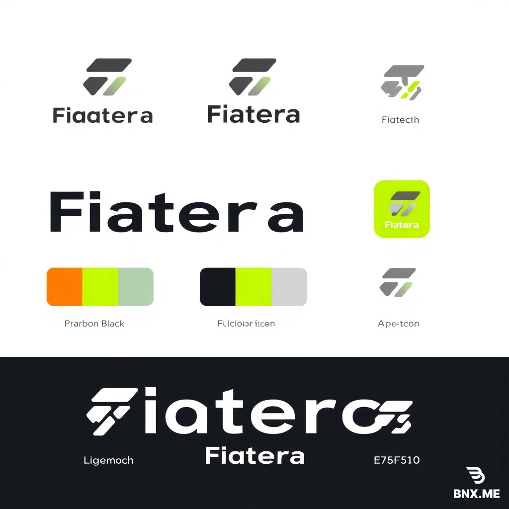 Create a set of high-quality logo concepts for a B2B fintech / crypto off-ramp payment service named “Fiatera”. The brand is professional, technological, and international. Produce a clean, modern brandbook-style composition on a white background with three logo variations arranged horizontally or in a 2x2 grid: Primary (wordmark + mark), Logotype-only, and App icon (mark-only). Include small caption labels under each concept with the name of the variation (“Primary”, “Logotype”, “Mark / App Icon”) and show the color palette swatches with hex codes: Carbon Black #0E0E10, Neon Lime #C7FF00, Silver Gray #E5E5E5, and an optional lime-to-white gradient swatch. Use the following design directions:  1. Overall style:   • Minimalist, geometric, high-end fintech look; no ornate decorations. • Crisp vector-feel shapes, flat design (no heavy textures), subtle micro-shadows allowed for depth. • Balanced negative space and strict baseline alignment. • Use modern sans-serif letterforms reminiscent of Space Grotesk or Neue Haas Grotesk; kerning tight but readable.   1. Primary variation (wordmark + mark):   • Mark should visually express “off-ramp” / “transition” / “bridge” / “exit”. Consider: a diagonal off-ramp arrow formed by two parallel lines converging to a single arrowhead, or a minimalist arc/bridge integrated with negative space. • Wordmark “Fiatera” in all-lowercase or capitalized ‘F’ with clean geometric strokes. Integrate a subtle custom detail in one letter (for example: replace the middle bar of ‘E’ with three thin horizontal lines, or make the ‘A’ apex a small gap reminiscent of a gateway). • Color: wordmark in Carbon Black #0E0E10, mark accent in Neon Lime #C7FF00.   1. Logotype-only variation:   • Stylized “Fiatera” wordmark without separate mark; emphasize one typographic modification that can serve as a brand hook (like a sliced ‘A’ or a trailing lime dot after the ‘a’ representing conversion). • Prefer horizontal layout suitable for headers.   1. Mark / App Icon:   • Square-friendly, simple, highly legible at 16–64 px. • Avoid intricate inner details; prefer bold geometric strokes. Options: monogram ‘F’ formed by negative space that creates an off-ramp, or a compact symbol of pixels → line (dots morphing into a solid stroke). • Use Neon Lime #C7FF00 on Carbon Black #0E0E10 or white background variations.   1. Layout and presentation:   • White background. Each logo variant should be placed in its own tile with a short descriptive caption (1–2 lines) under it describing the idea (“Off-ramp arrow — transition from crypto to fiat”, etc.). • Include a small palette strip (three swatches with hex codes) at the bottom or side of the page and a sample line showing the optional gradient (”#C7FF00 → #FFFFFF”). • Provide versions in: full-color on white, inverted dark-bar mockup (dark strip showing inverted logo), and an isolated SVG-like flat version.   1. Visual tone and DOs / DON’Ts:   • DO: clean geometry, high contrast, scalability, professional fintech appearance. • DO: emphasize clarity and legibility at small sizes. • DON’T: neon-glow effects, script or decorative fonts, generic crypto clichés (no skulls, coins with Bitcoin symbol, cartoon rockets). • DON’T: overly complex gradients or photorealistic textures.   1. Output specifics:   • High-resolution PNG(s) and an SVG-style flat vector look. Center composition, generous whitespace. • Provide 3–6 distinct concept variations within the same image (each clearly labeled) so a designer can pick a direction.   End result: a polished brandbook page showing 3 distinct, professional logo directions for “Fiatera” (Primary, Logotype, Mark), color swatches with hex codes, short captions, and a clean white background. Prioritize a B2B fintech aesthetic: strict, technological, and international.