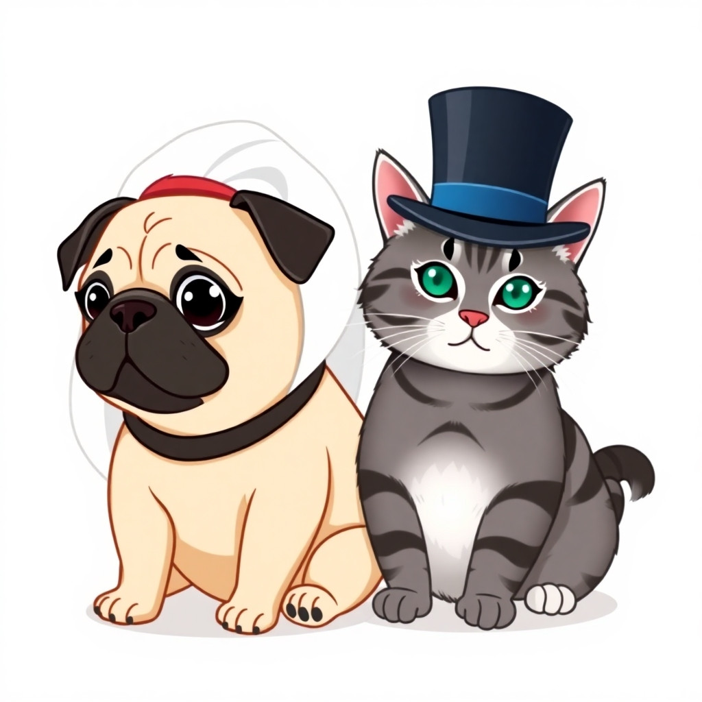 Disney-style illustration of a pug in a bridal veil and a gray tabby cat (black stripes, dark back, white belly) in a top hat, sitting together on a white background, isolated, cute, romantic, clean vector art, no background, 1:1.