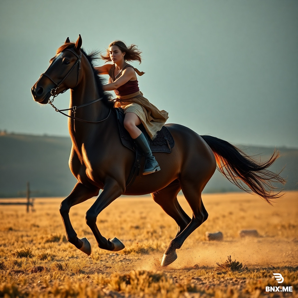 "Fotografía realista de una amazona arquera montada sobre un caballo salvaje al galope, en un paisaje abierto de pradera o estepa. La mujer viste indumentaria funcional de cuero y tela, con un arco largo tensado y una flecha a punto de ser disparada. El caballo tiene crines sueltas, musculatura marcada y expresión de energía desbordada. Movimiento dinámico captado con luz natural de atardecer o amanecer, sombras alargadas, polvo levantado y una sensación de velocidad y concentración. Enfoque nítido, profundidad de campo media, estilo documental o de fotografía de acción salvaje."