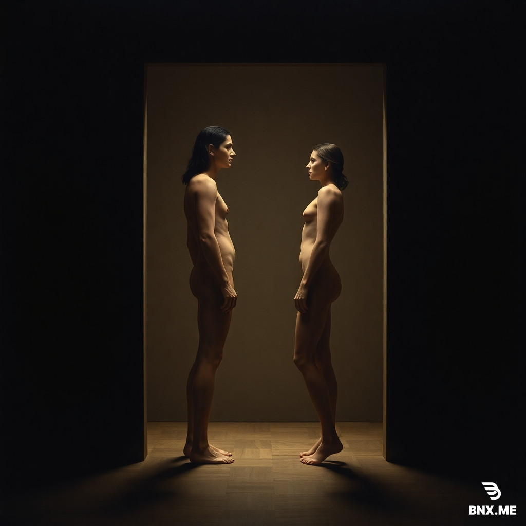 Crea una imagen que fusione "Adán y Eva" de Alberto Durero (1507) con la performance "Imponderabilia" de Marina Abramović y Ulay (1977).  Composición: Un marco de puerta visto de frente, estrecho. En el vano, dos figuras desnudas están una frente a la otra, muy cerca, casi rozándose.  - Lado izquierdo: Adán. Cuerpo perfecto, proporcionado, anatomía idealizada al estilo del Renacimiento alemán. Cabello largo. No mira a Eva, mira directamente al frente, desafiando al espectador. - Lado derecho: Eva. Cuerpo también idealizado, cabello suelto. También mira al frente, directamente a los ojos del espectador.  Fondo: Neutro, oscuro, sin elementos narrativos (no hay paraíso, ni árbol, ni serpiente). Solo la puerta estrecha que obliga a pasar.
