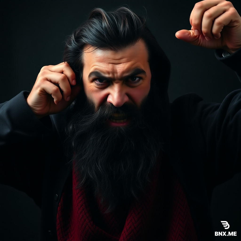 An angry Ingush man with a thick black beard waves his arms angrily, a picture in black and red colours, depressing, angry and mystical, 4K super-realism.