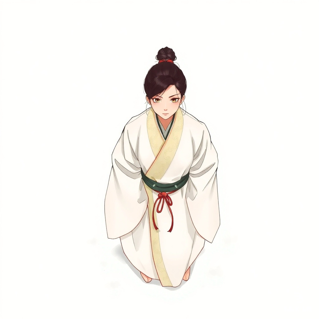 2D hand-drawn character art for a Chinese xianxia cultivation RPG.   Overhead top-down view, 48x64 pixel sprite aesthetic, ink-brush linework on rice-paper white base.    A young cultivator in traditional Taoist robes, ink-black hair tied in a sleek high bun,   sharp facial features with calm, enigmatic eyes suggesting hidden wisdom and spiritual depth.   "工笔" precision on facial contours and robe edges, "写意" loose ink wash in fabric folds.    The robe: flowing white Taoist gown with wide sleeves, subtle cloud-pattern embroidery   in faint gold thread at the collar and cuffs, cinched at the waist with a simple dark sash.   No metallic gleam — only the soft matte luster of silk. Colors: 宣纸白 base, 墨黑 sash,   淡金 thread accents, a single 朱砂-red cord knot at the waist as the only bright accent.    Minimalist background: pale rice-paper fade to misty void, as if the figure stands   at the edge of a cloud sea. Diffuse "morning mist" light with no clear source direction,   casting gentle ink-wash shadows that deepen at the hem.    Style: traditional Chinese ink painting (水墨画) blended with clean 2D game-sprite   line art. Visible brush strokes on fabric folds, crisp edges on character silhouette.   No 3D rendering, no photorealistic shading, no Western fantasy armor or wing motifs.   The figure should feel like a hand-painted scroll illustration — stillness and spiritual   weight, not dramatic posing.    Atmosphere: serene, solitary, ethereal — one cultivator standing between earth and sky,   ready to begin a long path of ascension.
