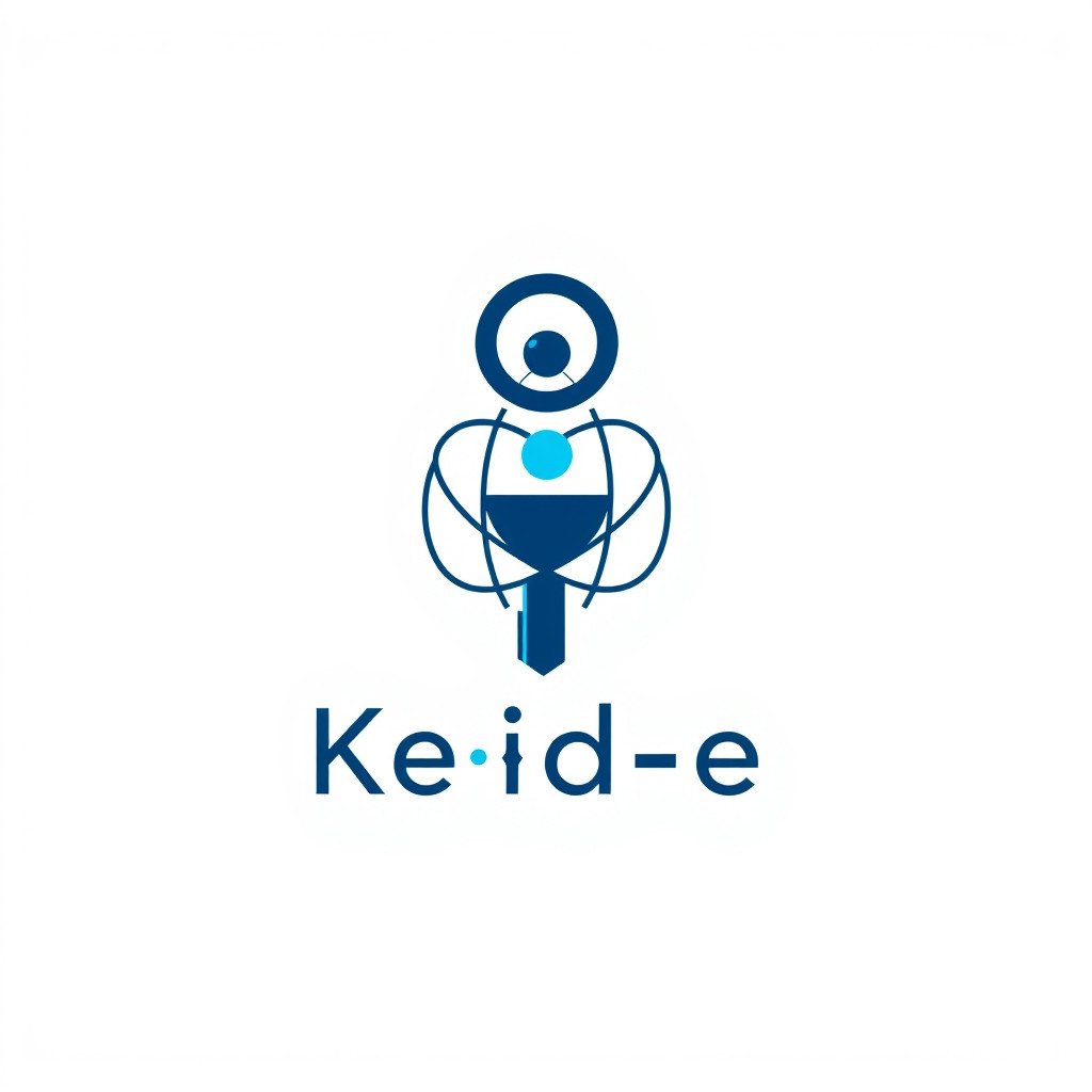 Create a modern minimalist logo for an educational physics brand named "Kelid-e Physics" (meaning "Key of Physics"). The logo icon must combine a key and physics elements: a stylized key whose head is formed by an atom orbit with electrons, or a key integrated with a circular orbit and a small nucleus. Clean geometric vector style, flat design, high contrast, premium educational branding, simple enough to work at small sizes. Use a deep blue and electric cyan color palette with a subtle warm accent. Square 1:1 composition, centered icon, white background, no mockup, no 3D, no photorealistic, no clutter. High quality, crisp edges, professional logo design.
