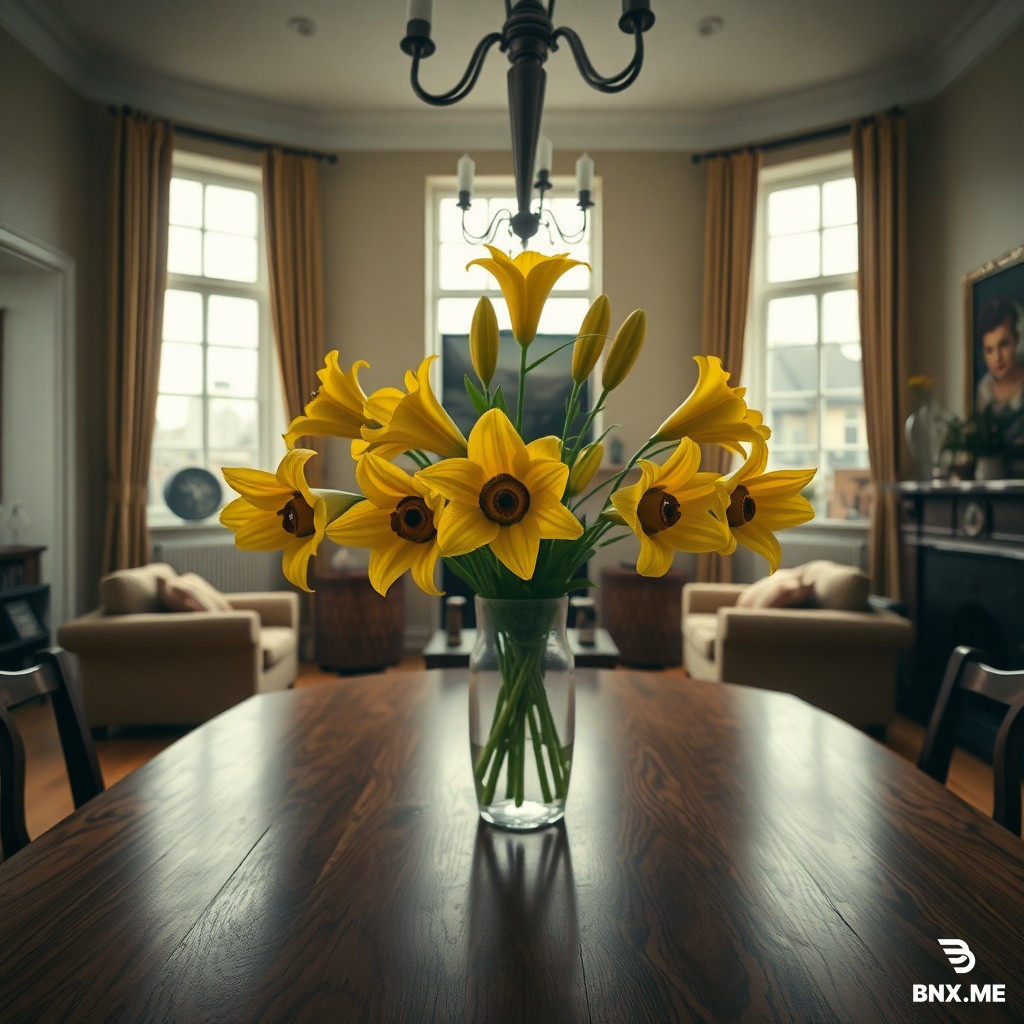 A surreal hyperrealistic wide-angle interior scene of a warm, elegant living room belonging to a happy British family, featuring a polished walnut dining table at the center with a vase of yellow lilies, each flower containing a lifelike human eye at its center staring directly into the camera, cinematic fine art photography style, soft natural daylight filtered through windows but dimmed by a heavy overcast sky, colors slightly faded as if drained of joy, atmosphere of quiet unease over domestic warmth, detailed textures of wood, petals, and eyes, ultra-detailed 8k realism.