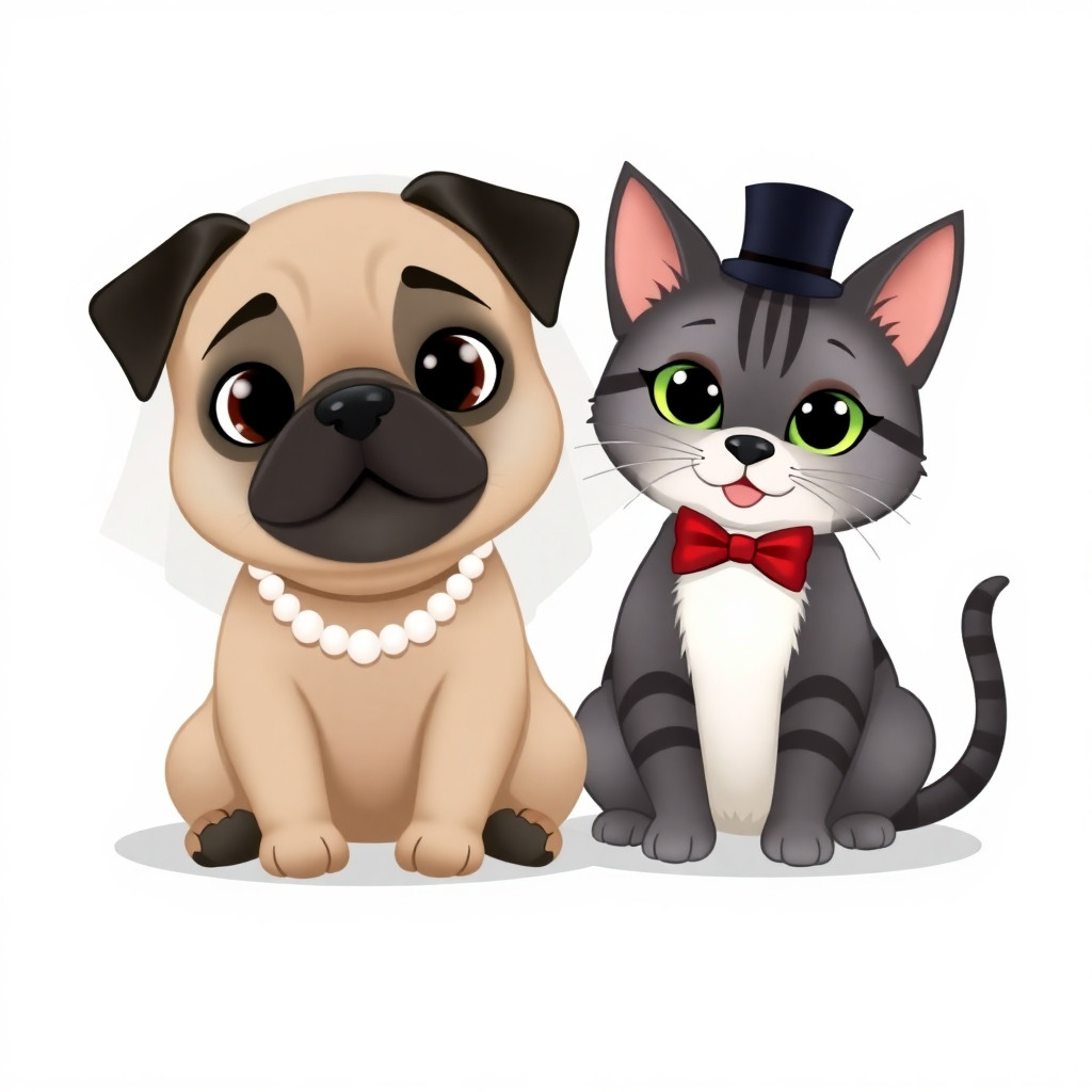 A square wedding invitation card, Disney animated style, isolated on a clean white background. A cute pug dog wearing a white bridal veil and pearl necklace, sitting next to a cute dark grey cat with dark gray stripes, green eyes, white whiskers, black ears and a black back of the head, and a white chest, the cat wearing a black top hat and a red bow tie. Both pets sit side by side, looking happily at the viewer. Simple composition, flat vector illustration, soft shadows, no background elements, plenty of empty white space around them for text overlay. 1:1 aspect ratio.