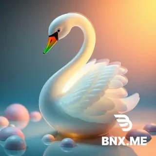 3D porcelain swan with rainbow glass beak and spiral feathers, standing on pastel ice cream pond, glowing softly from inside, high fashion surreal tone.