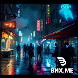 Cyberpunk rainy street at night, neon reflections on wet asphalt, street vendors with hologram menus, people wearing tech-augmented masks, steam rising from vents, drones scanning the street, heavy atmosphere, cinematic lighting, ultra-detailed, gritty dystopian mood.