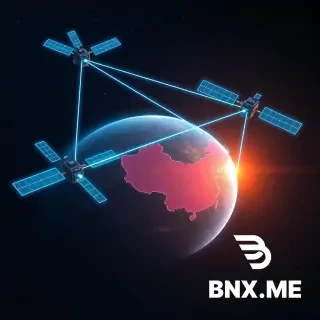 Deep space, Earth visible in the background. Three BeiDou satellites arranged in a triangular formation, each connected by glowing neon blue data beams forming a mesh network. One satellite near the Earth is sending a concentrated beam of data down directly onto the map of China (mainland outline visible). No ground stations elsewhere on Earth. The satellites have solar panels and small antenna dishes. Starfield background, dark navy blue tones with cyan and gold accents. Futuristic scientific illustration, ultra detailed, 4K, wide angle.