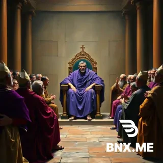 A grand historical painting style. Roman Emperor Constantine in purple robes, seated on a throne, presiding over a gathering of bishops in an ancient hall. Bishops arguing. Constantine looks powerful and political, not holy. Dramatic lighting.