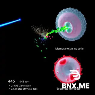 Scientific Cover Prompt: "High-end cinematic scientific illustration (8k, Octane render). Dark background. Left: 445 nm blue laser hits 3D Decyl-Riboflavin in a lipid bilayer. Center: Membrane shows 'ROS' sparks (1O2) causing textural fraying of lipid tails. Leakage: A fluid stream of neon green liquid droplets (CF dye) escaping through physical cracks—strictly no smoke. Right: A separate HeLa cell showing membrane blebbing and structural lysis as a result of the oxidation. Text (English): '445 nm', 'ROS Generation', 'Membrane Damage', 'Cell Death'."