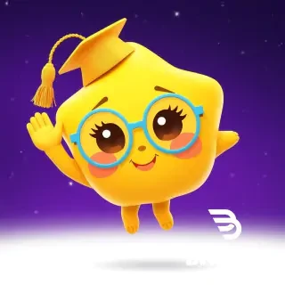 "3D animated cute golden star character Lumi with oversized round baby-blue glasses slightly crooked on face, tiny tilted graduation cap with dangling gold tassel, big round brown eyes with long eyelashes and shiny catchlights, rosy pink cheeks, small heart-shaped smile, short chubby arms with rounded tiny fingers, stubby legs with tiny toes, floating in from left of deep purple night sky with twinkling stars, waving at camera, happy spin, giggling expression, Pixar/Illumination animation style, soft volumetric rim lighting, vibrant preschool colors, glossy textures, high detail, 8k resolution, bright cheerful expression, vertical 9:16, white background with soft drop shadow for PNG transparency."