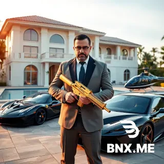 A Mexican mafioso stands in front of a luxurious villa with a swimming pool, holding a gold-plated machine gun in his hands. Supercars and luxury cars are parked next to the villa, as well as a private helicopter. Make it as luxurious as possible. Superrealism. 4K