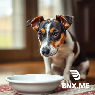 a jack russell terrier looking at an empty bowl
