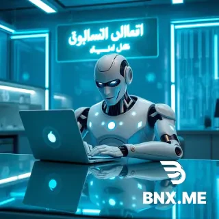 A highly advanced humanoid AI robot with a sleek silver and white metallic body, glowing blue eyes and chest light, sitting behind a modern glass desk, typing on a futuristic laptop with holographic screen, surrounded by floating digital data and AI symbols, in a high-tech laboratory with blue neon lighting, a large glowing sign above the robot reads in Persian: "ابزار تخصصی پرهام", ultra realistic, cinematic, 8k, sharp focus, sci-fi style, no animals, only robot