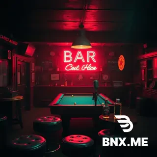 Bar rock album cover, gritty dive bar interior, neon sign glow, pool table, whiskey bottle, worn leather stools, vintage mic stand, dark moody lighting, cinematic, film grain, textured, 4K, bold typography space at top, classic rock aesthetic”