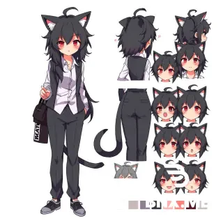 anime character sheet, character design sheet, full body front view, full body back view, full body side view, all full body views with neutral sleepy expression, no blushing on full body, isolated expression sheet section with 8 completely separate facial expression headshots, each emotion distinctly and brightly expressed, no emotion mixing, no overlapping expressions, only the 7th expression has slight blushing, other 7 expressions have no blushing, color palette swatches, female office worker, dark graphite grey hair (#36454F, RGB 54 69 79), extremely messy disheveled hair, prominent large ahoge integrated into hairstyle, natural large cowlick on crown, dark graphite grey fluffy cat ears, dark graphite grey fluffy cat tail, red sleepy eyes, highly visible prominent under-eye bags, clearly defined dark circles under eyes, deep greyish-brown under-eye shadows, pronounced purple-grey under-eye tone, not red under-eye bags, mole under left eye, catlike smile, cigarette in hand only, no cigarette in mouth, white dress shirt, dark grey tailored trousers, grey sneakers, holding dark grey blazer in hands, thin silver chain with silver GTNH logo pendant, pendant design: stylized silver globe background, silver metallic overlaying merged letters N and H, enclosed in a silver circular ring with four cross-shaped metallic extensions, all metallic silver color, shiny, wristwatch, white background, high quality, detailed --ar 3:4  Negative prompt: mixed expressions, blended emotions, subtle expressions, faint emotions, same expression, blushing on full body, red cheeks on full body, blushing in main views, all expressions blushing, separate ahoge, detached antenna hair, extra pendants, multiple necklaces, extra chains, skirt, green hair, green tail, green ears, brown eyes, fish pendant, vest, heels, cigarette in mouth, red under-eye bags, red circles under eyes, low quality, bad anatomy, extra limbs