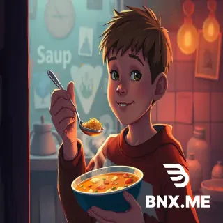 a boy with chicken soup a spoon in hand