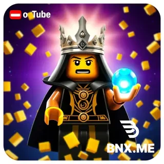 A square circular Lego icon for a YouTube channel. A mysterious Lego god wearing a black and gold cape, a silver crown, and holding a glowing blue orb in one hand. The god is surrounded by floating golden Lego bricks. The background is a dark purple and blue space with stars. The face is glowing with a divine light. Epic, clean, and highly detailed. Lego stop-motion style. 4k quality.