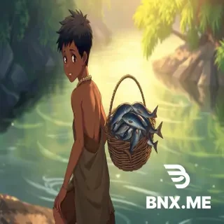 a tribe boy who put skin hide on lower body , back round stone neckless on hand also, body skin light black like Nigerian people, short black hair, pulled basket filled with big fish , BG river side area .