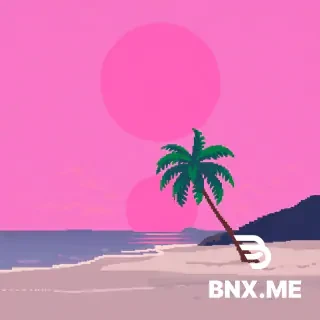beach with pink sunset & a single coconut palm tree