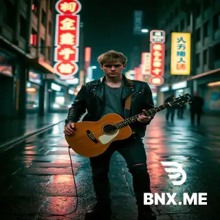 A cinematic music banner for a male singer with short messy hair, wearing a black leather jacket and ripped jeans, standing alone on a rainy city street at night, holding a guitar, neon signs reflecting on wet pavement, moody and mysterious atmosphere, dramatic shadows, photorealistic, 8k, high fashion, album cover style, vertical poster composition