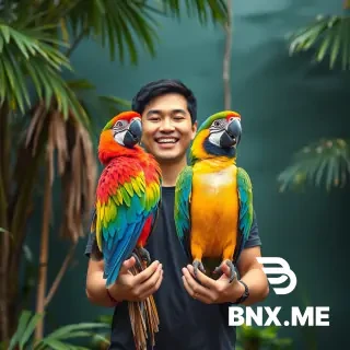 31 year old asian handsome male with a height of 6 feet 7.5 inches, holdina a giant parrot birds in his write hands and smilling loudly
