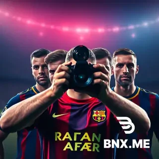 Create an image that shows 4 footballers in one frame looking at the camera with barcelona jersey on