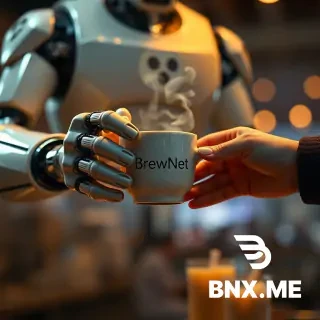 A cinematic, hyper-detailed poster of a futuristic robot barista handing a steaming ceramic cup of coffee to a human customer — extreme close-up on both sets of hands and fingers, showing mechanical articulation and soft, realistic human skin. The robot has a small logo on its chest that reads “BrewNet” in clean sans-serif, warm cinematic rim lighting, shallow depth of field, 8k detail, photorealistic, subtle film grain. Emphasize realistic fingers and correct anatomy, no extra or missing digits, no floating limbs. Include a faint cityscape bokeh in the background.