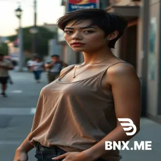 beautiful woman with short hair, c cup breasts size, wearing a oversized tank shirts, wearing converse,  street setting