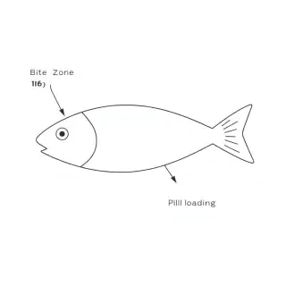 clean patent drawing, line art, no shading, black and white. A simple fish-shaped device. The body is an oval. The head is a rounded triangle on the left, the tail is a pointed triangle on the right. An eye on the head. An arrow points to the head labeled "Bite Zone (16)". An arrow points to the tail labeled "Pill Loading (14)". White background.