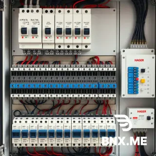 Photorealistic electrical panel Hager Volta, 5 rows of 12 modules. Top row: 4-pole main breaker, 3-phase voltage relay ZUBR, 3-pole contactor, cross-module (8 modules). Three bottom rows filled with Hager single-phase breakers. Blue 3-phase comb busbar connects the BOTTOM terminals of breakers. A second smaller Hager panel is mounted on the right side. Neat wiring, cable ties, professional installation, high resolution.