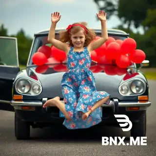 candid shot of a 15yo small height french girl with light brown hair in Floral Print blue summer dress jumping in the air with a black 1970s Citroën DS 23 in background , ,effortless chic, ,red headband,crossed legs,informall pose,car enteriour filled with red balloons so much that they flowing out the windows, car shot from front,exaggerated, very jiggly, fluid,  , casual young woman, no makeup, awkward, adolecent, plump body,stout, thick upper leg, wide hips