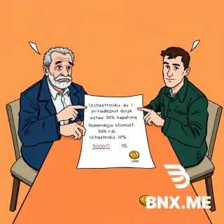 Colorful european comic book style, ligne claire, clear black ink outlines, flat colors. Two men sitting at a wooden brown table: elderly Sidorov (dark blue jacket, gray hair, wrinkles) on left, young Petrov (dark green jacket, short dark hair) on right. They point at a large paper showing: "Uchastniku 1 prinadlezhit dolja 30% ustavnogo kapitala nominalnaja stoimost 3000 rub. Uchastniku 2 - 10% nominalnaja stoimost 1000 rub." Next to text, two coin piles: three gold coins labeled "3000", one gold coin labeled "1000". Empty white speech bubbles above both heads, completely empty. Background pale orange.