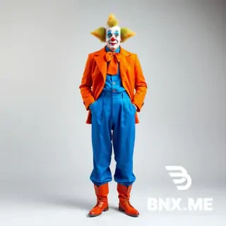 A full-body portrait of a person wearing a whimsical clown costume. The costume consists of: baggy blue jodhpur pants that are wide at the hips and tight at the calves, a blue dress shirt, a bright orange necktie, an orange jacket with extremely wide and exaggerated shoulder pads, and orange Cossack-style leather boots with pointed toes. The person is standing in a confident pose against a simple studio background. Vibrant circus colors, soft diffused lighting, high detail on fabric textures. Realistic digital art style, 8k resolution.