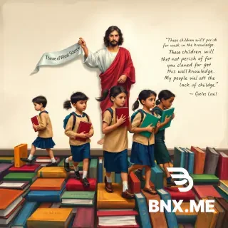 Using the Artist Anthe Capitan-Valais’ stylized motion paintings create In a horizontal format approx 4.5 h x 17 w Create images of boys and girls 4-16 years of age and various ethicity dressed  in Royal Palm Academy ( of Naples Florida) uniformss of various ages from 4-16 carrying books  as they walk along a path made up of of books. These books should have titles on them that say English, Math, Science, Matthew, Luke, Mark, Corinthians, Genesis,  with Christ holding a banner from one hand to the other. He should be behind the students as a shadowed at 20% opacity. He should be  on the wall behind the students stretching from the book path to the ceiling. the banner that Christ figure is holding is to read: “ these children will not perish for they seek knowledge” in lower right hand corner of the wall should be the passge from the bible that states “ My people will perish from lack of knowledge. The Chriist figure should be place behine the children standing from top of book path to ceiling. The drawing should be scaled to 4.5” x 17” long and should be produced in a vector file for scaling. the children should be dressed in Royal Palm Academy uniforms.