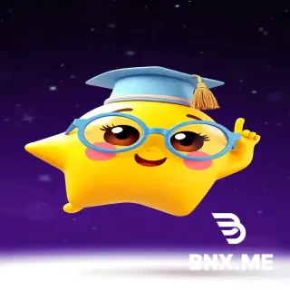 "3D animated cute golden star character Lumi with oversized round baby-blue glasses slightly crooked on face, tiny tilted graduation cap with dangling gold tassel, big round brown eyes with long eyelashes and shiny catchlights, rosy pink cheeks, small heart-shaped smile, short chubby arms with rounded tiny fingers, stubby legs with tiny toes, floating in center of deep purple night sky, pointing upward with excitement, stars twinkling around, happy wide-eyed expression, Pixar/Illumination animation style, soft volumetric rim lighting, vibrant preschool colors, glossy textures, high detail, 8k resolution, bright cheerful expression, vertical 9:16, white background with soft drop shadow for PNG transparency."